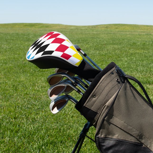 Black Red Yellow Blue Bavaria Diamond Flag Pattern Golf Head Cover (In Situ)