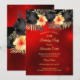Black Red yellow Hibiscus Tropical Floral Party Invitation