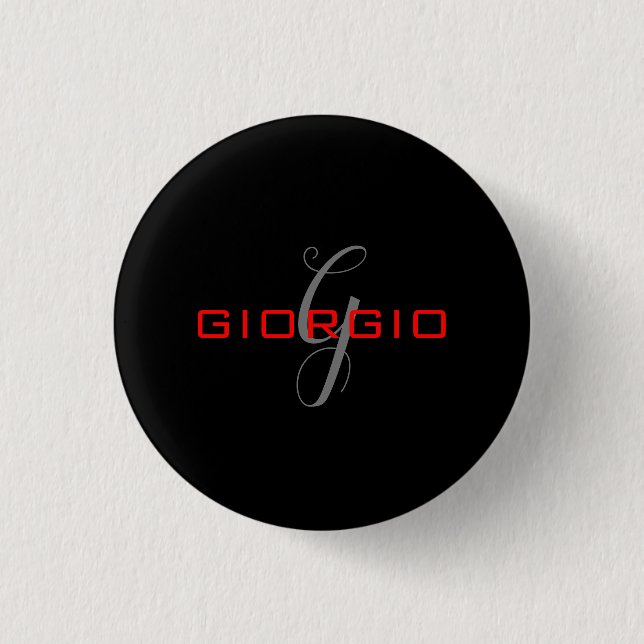 Black Red Your Name Initial Monogram Modern 1 Inch Round Button (Front)