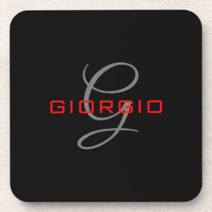 Black Red Your Name Initial Monogram Modern Coaster