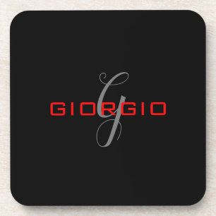Black Red Your Name Initial Monogram Modern Coaster