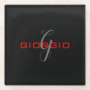 Black Red Your Name Initial Monogram Modern Glass Coaster