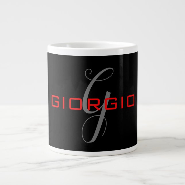 Black Red Your Name Initial Monogram Modern Large Coffee Mug (Front)