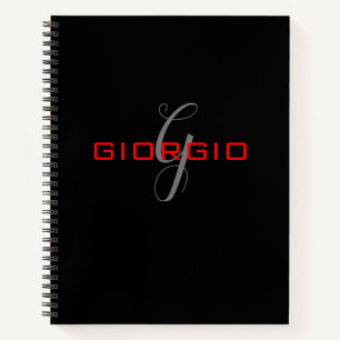 Black Red Your Name Initial Monogram Modern Notebook