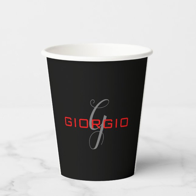 Black Red Your Name Initial Monogram Modern Paper Cups (Front)