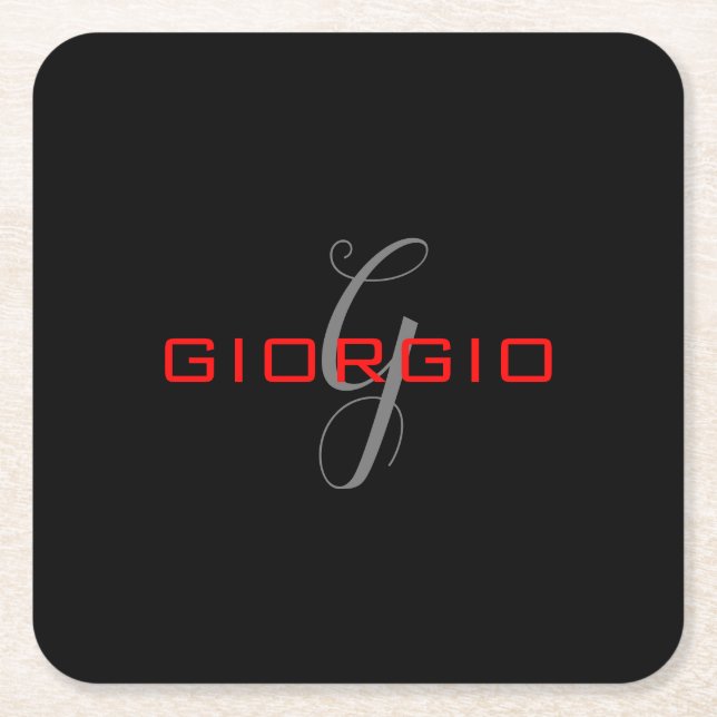 Black Red Your Name Initial Monogram Modern Square Paper Coaster (Front)