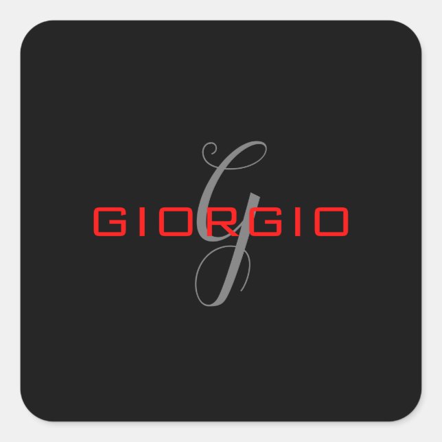 Black Red Your Name Initial Monogram Modern Square Sticker (Front)