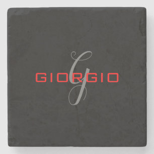 Black Red Your Name Initial Monogram Modern Stone Coaster