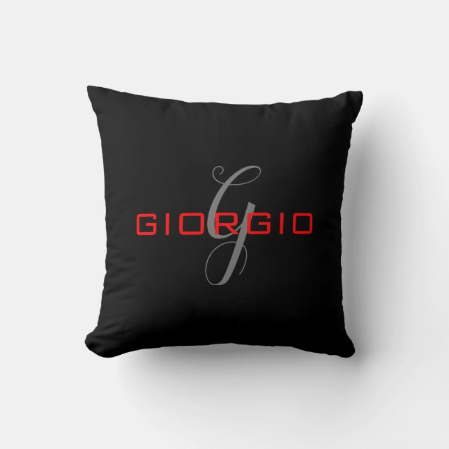 Black Red Your Name Initial Monogram Modern Throw Pillow (Front)