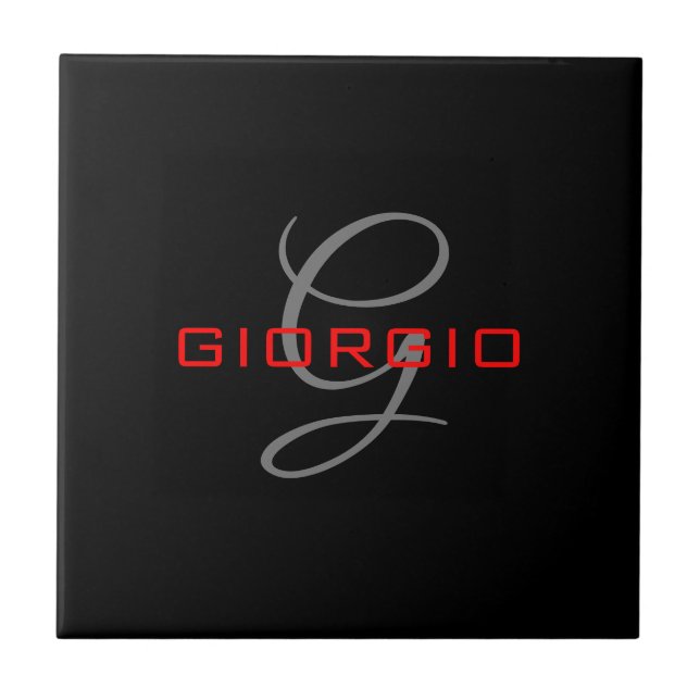 Black Red Your Name Initial Monogram Modern Tile (Front)