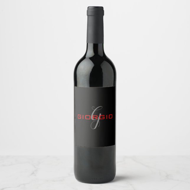Black Red Your Name Initial Monogram Modern Wine Label (Front)