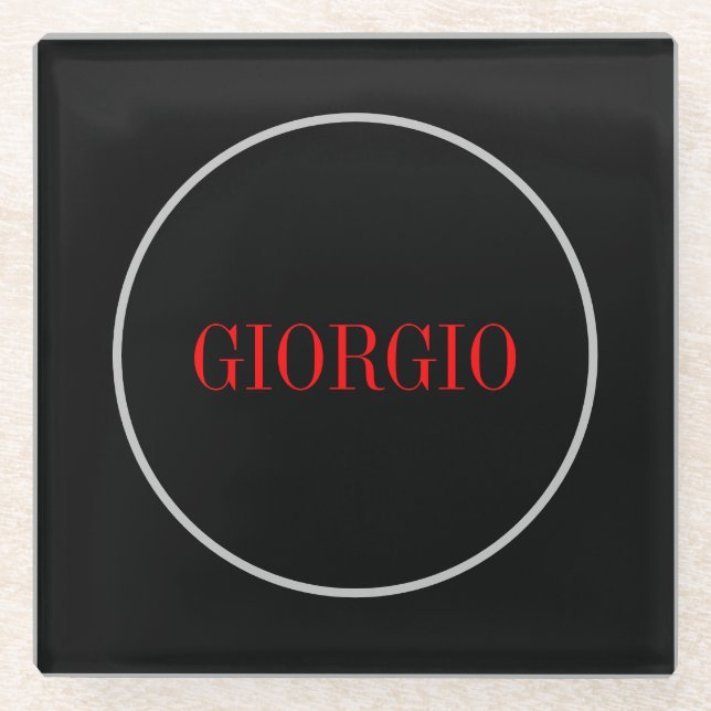 Black Red Your Name Minimalist Personal Modern Glass Coaster (Front)