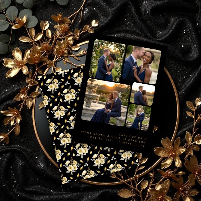 Black Refined Minimalist 5-Photo Collage Wedding  Save The Date (Black Refined Minimalist 5-Photo Collage Wedding Save the Date Card Design with Back Black.)