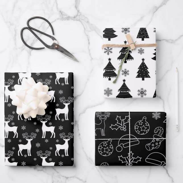 Black Reindeer, Christmas Tree and Holiday Pattern Wrapping Paper Sheet (Front)