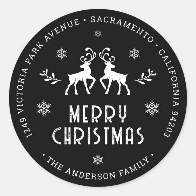Black Reindeer Snowflake Christmas Return Address Classic Round Sticker (Front)