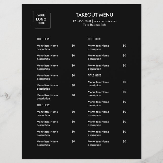 Black Restaurant Logo Takeout Menu Flyer Design (Front)