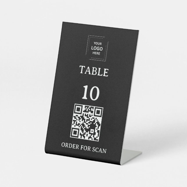 Black Restaurant Table Number QR Code Scan to Pedestal Sign (Front)