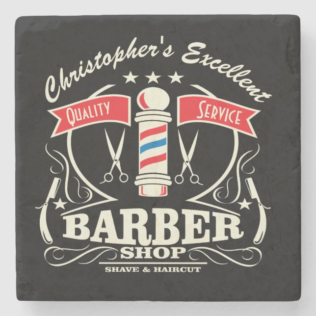 Black Retro Barbershop Mens Stylist Monogram Stone Coaster (Front)