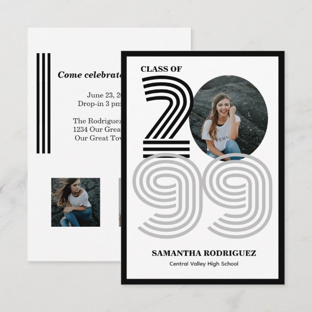 Black Retro Big Numbers Graduation Photo Invitation (Front/Back)