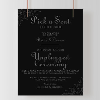 Black Retro Boho Leaf Wedding Unplugged Ceremony  Poster