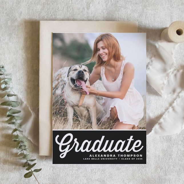 Black Retro Bold Typography Photo Graduation Invitation (Customizable retro-inspired Black and White Photo Graduation Invitation)