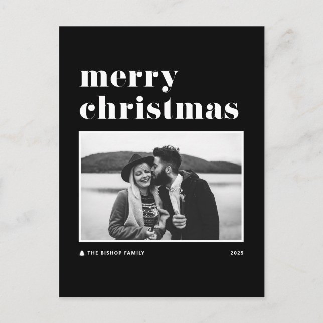 Black Retro Bold Typography Photo Merry Christmas Holiday Postcard (Front)