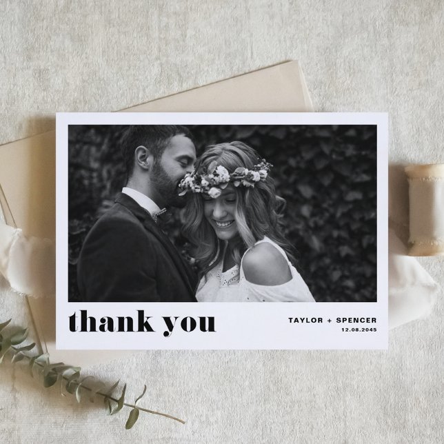 Black Retro Bold Typography Photo Wedding Thank You Card (Creator Uploaded)