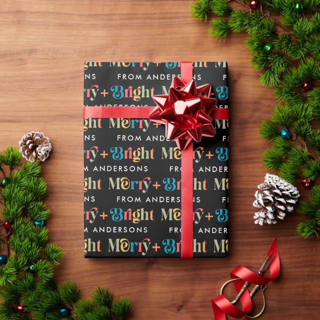 Black Retro Colourful Merry & Bright Name Christma Wrapping Paper (Holiday Gift)
