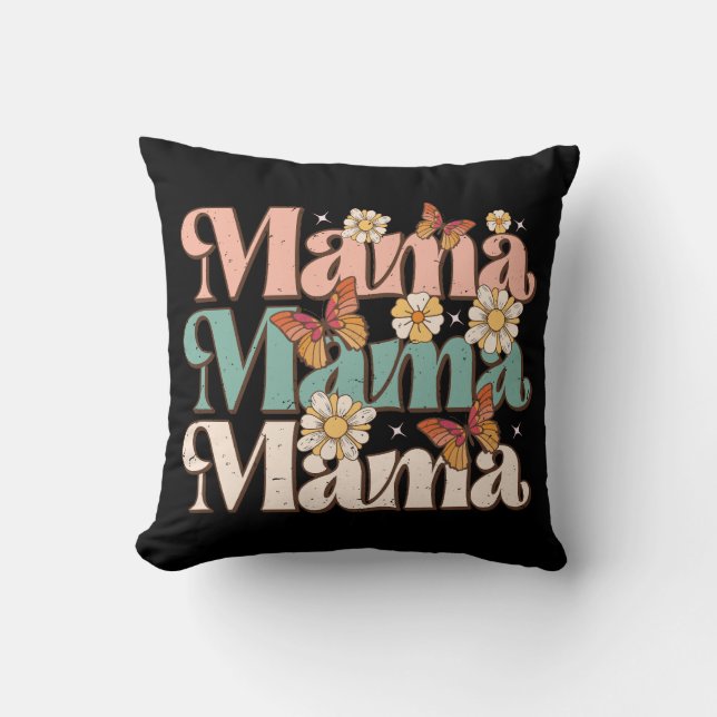 Black Retro Floral Butterfly Mama Typography Throw Pillow (Front)