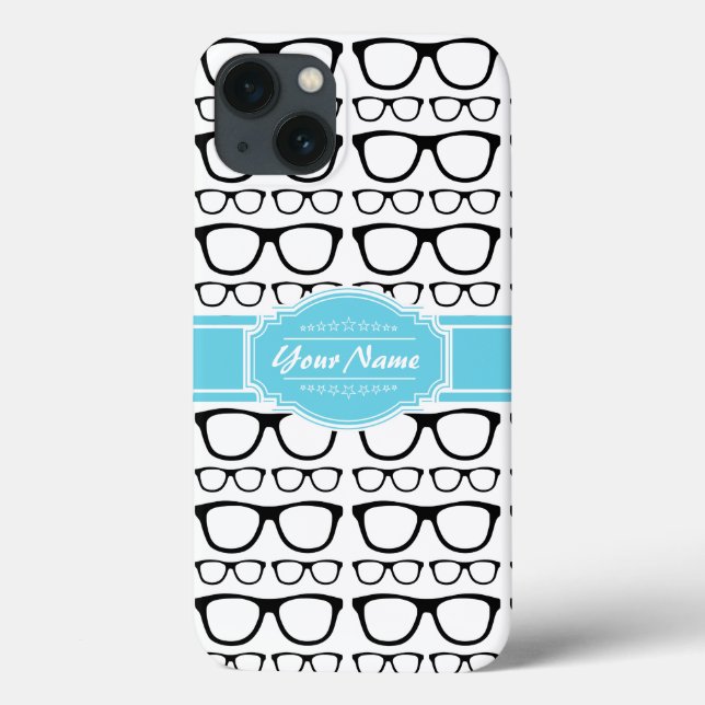 Black Retro Geek Glasses Aqua Personalized Name Case-Mate iPhone Case (Back)