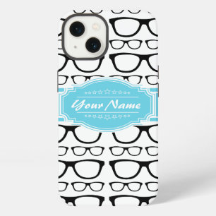 Black Retro Geek Glasses Aqua Personalized Name iPhone 13 Case