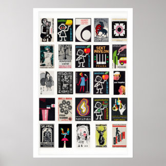 Black Retro matchbox labels wall art, grid Poster