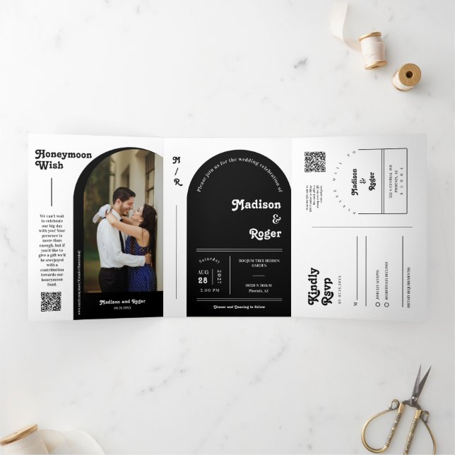 Black Retro Script Boho Arch Photo QR Code Wedding Tri-Fold Invitation (Inside)