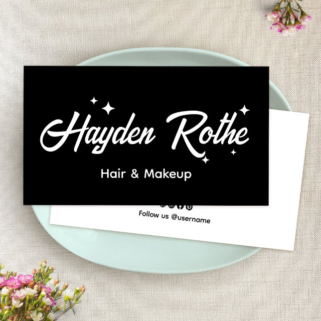  Black Retro Script Makeup and Hair Stylist Business Card (Creator Uploaded)