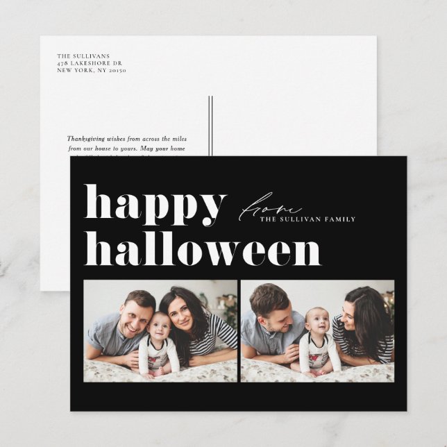 Black Retro Typography Happy Halloween Two Photo  Holiday Postcard (Front/Back)