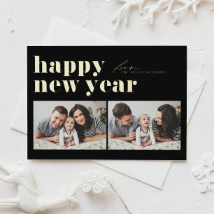 Black Retro Typography Photo Happy New Year Foil Holiday Postcard