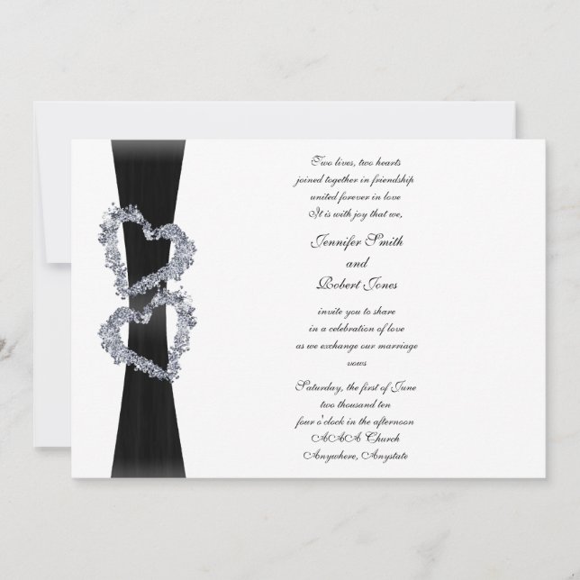 Black Ribbon and Diamond Hearts Wedding Invitation (Front)