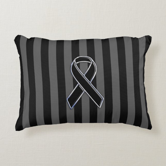 Black Ribbon Awareness on Vertical Stripes Decorative Pillow (Front)
