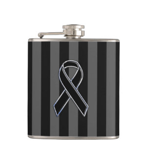 Black Ribbon Awareness on Vertical Stripes Hip Flask