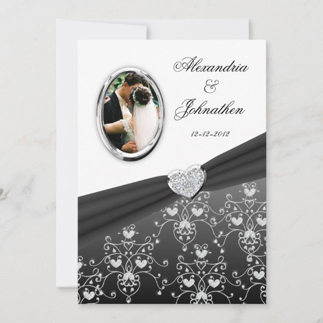 Black Ribbon Heart Damask Wedding Photo Invitation (Front)