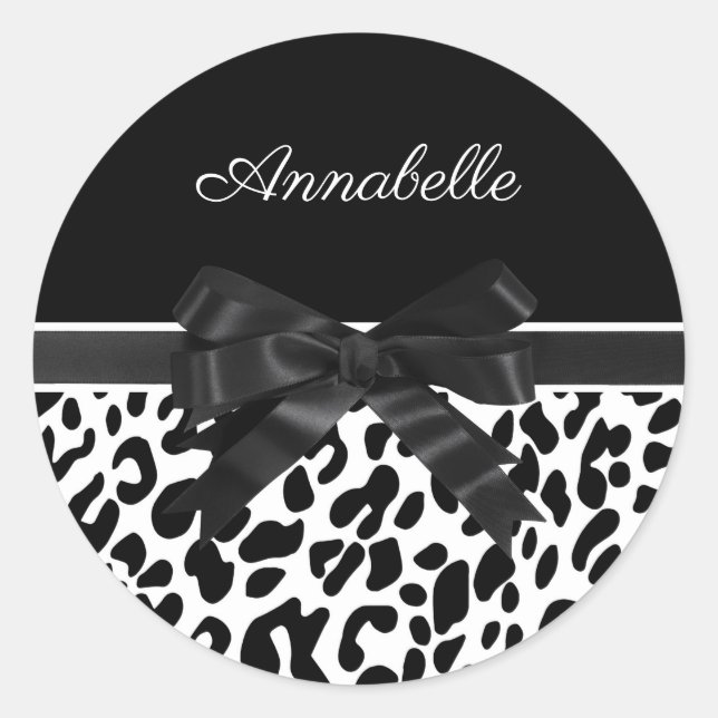 Black Ribbon Leopard Print Classic Round Sticker (Front)