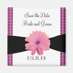Black Ribbon Pink Flower Save the Date Magnet