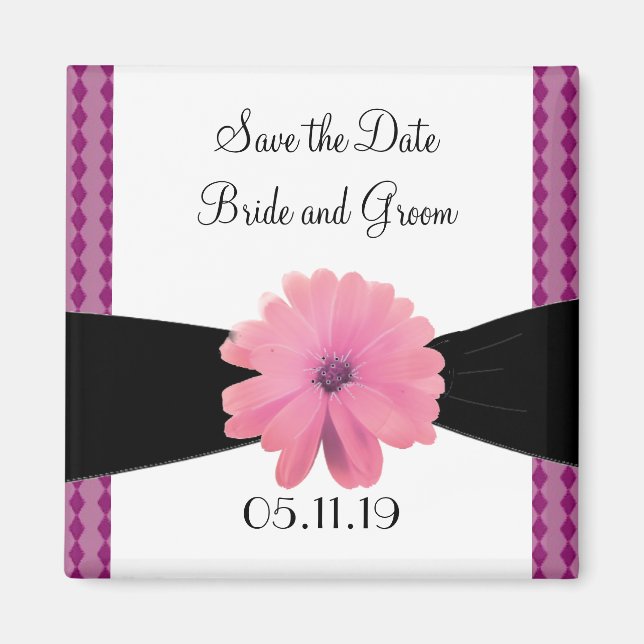 Black Ribbon Pink Flower Save the Date Magnet (Front)