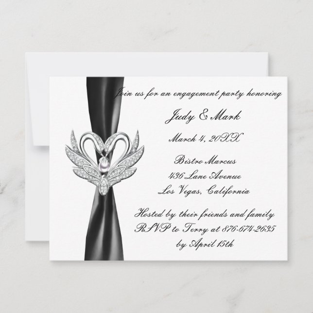 Black Ribbon Silver Swans Engagement Party Invite (Front)