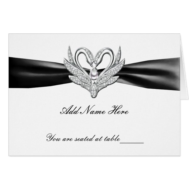 Black Ribbon Silver Swans Folded Table Place Card (Front Horizontal)
