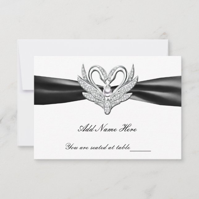 Black Ribbon Silver Swans Table Place Card (Front)