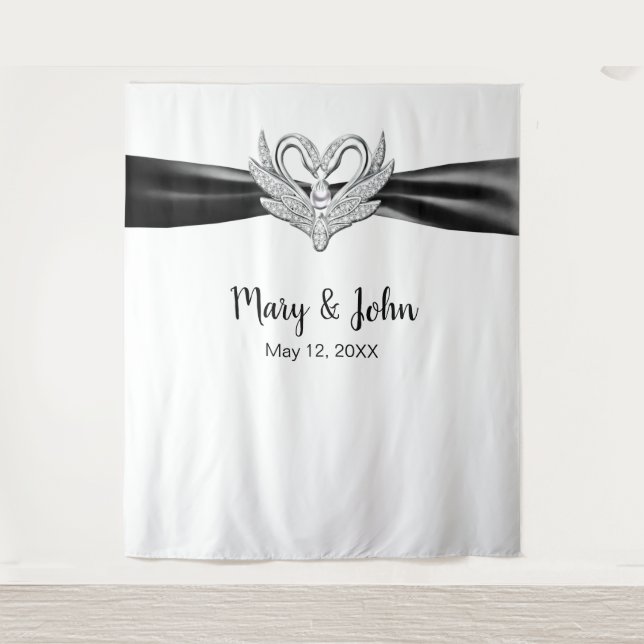 Black Ribbon Silver Swans Wedding Backdrop Tapestry (Front)