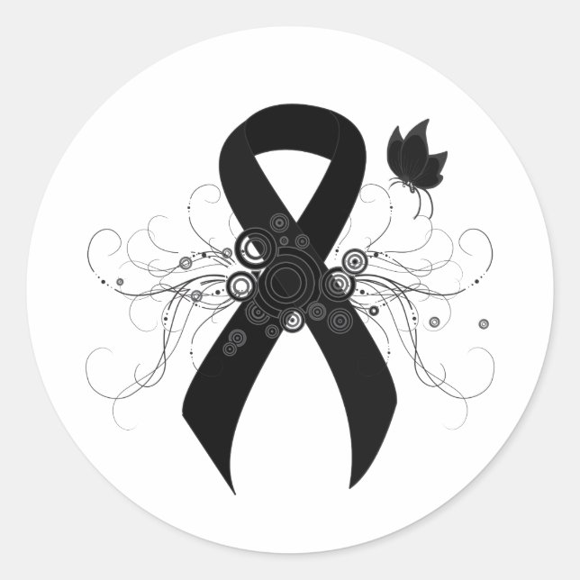 Black Ribbon with Butterfly Classic Round Sticker (Front)