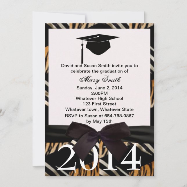 Black Ribbon Zebra And Tiger Graduation Invitation (Front)