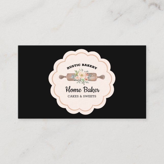 Black Rolling Pin Rustic Bakery Business Card (Front)